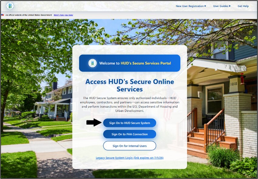 HUD Secure Services Portal login page with 'Sign On to HUD Secure System' button highlighted