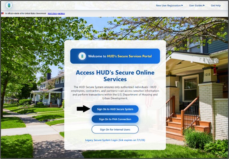 HUD Secure Services Portal login page with 'Sign On to HUD Secure System' button highlighted