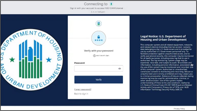 HUD EICAM Platform password verification page with Verify button