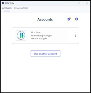 Okta Verify accounts page showing the HUD user account tile