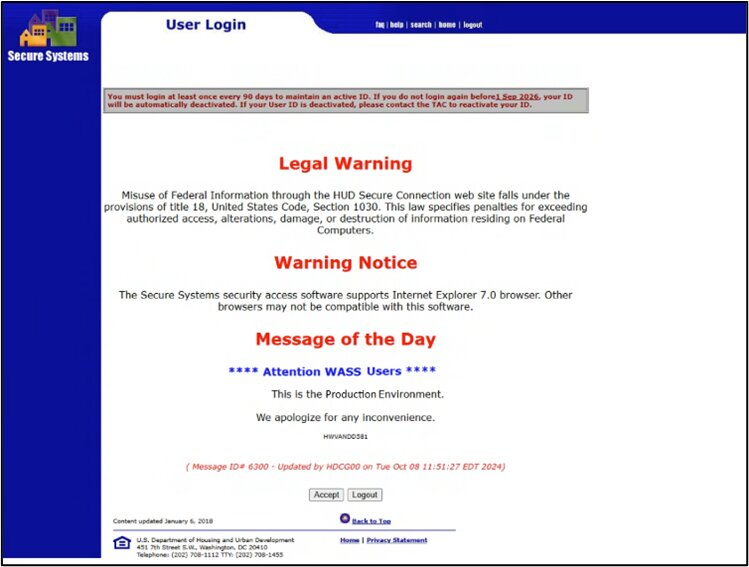 HUD Secure Systems application dashboard confirming successful login