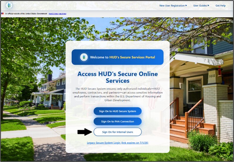 HUD Secure Services Portal login page with 'Sign On for Internal Users' button highlighted