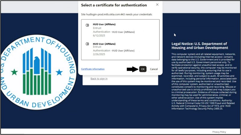 Certificate selection dialog prompting to select a PIV / CAC card certificate