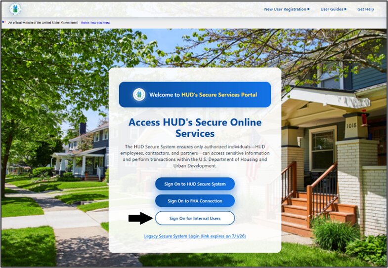 HUD Secure Services Portal login page with 'Sign On for Internal Users' button highlighted