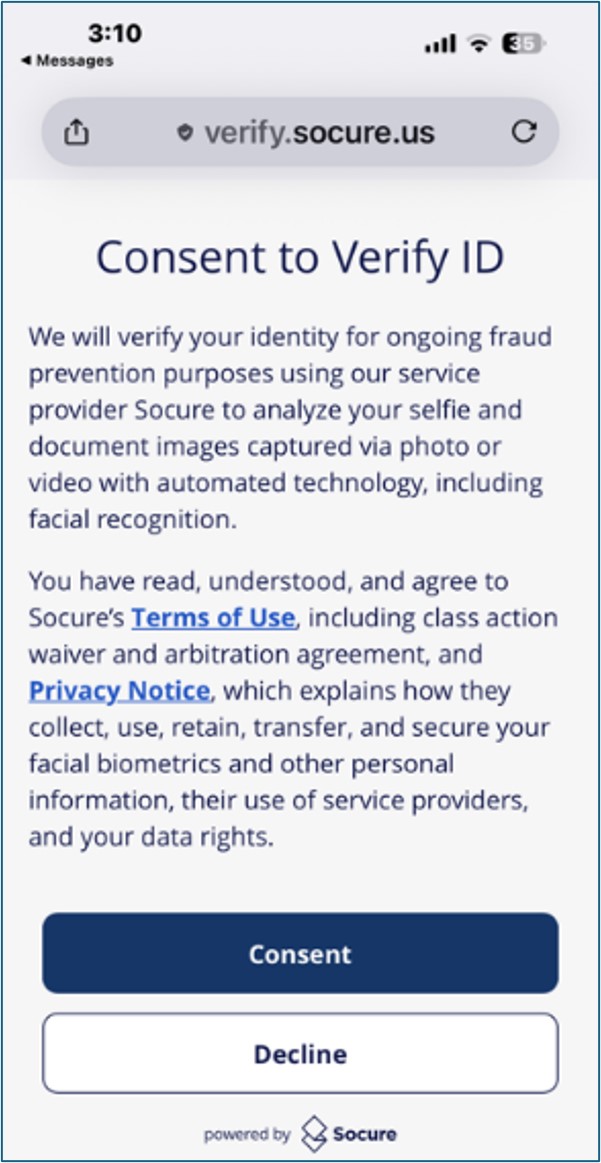 Consent to Verify ID screen