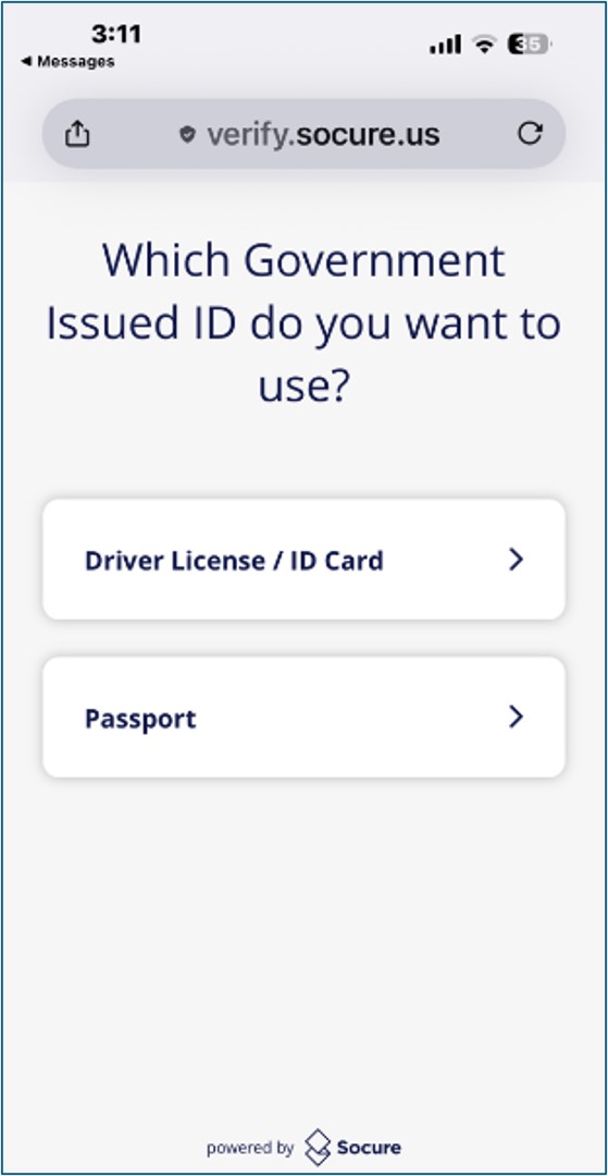 Which Government Issued ID do you want to use screen