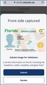 Front of driver's license captured, submit or retake